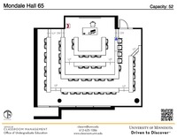 Plan view of the classroom that provides room capacity, seating locations and exits. A QR code links to room schedule and contact information is in the footer