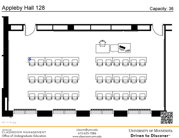 Plan view of the classroom that provides room capacity, seating locations and exits. A QR code links to room schedule and contact information is in the footer