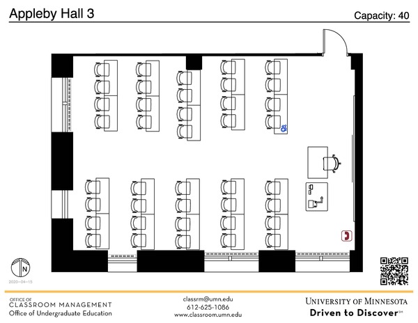 Plan view of the classroom that provides room capacity, seating locations and exits. A QR code links to room schedule and contact information is in the footer