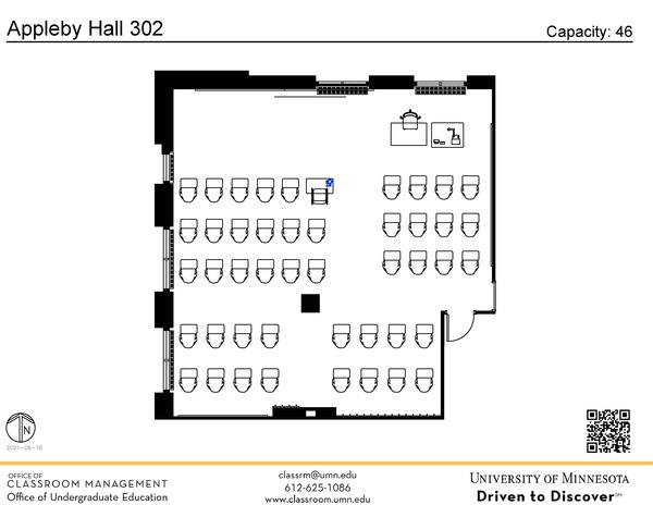 Plan view of the classroom that provides room capacity, seating locations and exits. A QR code links to room schedule and contact information is in the footer