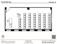 Plan view of the classroom that provides room capacity, seating locations and exits. A QR code links to room schedule and contact information is in the footer