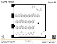 Plan view of the classroom that provides room capacity, seating locations and exits. A QR code links to room schedule and contact information is in the footer