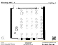 Plan view of the classroom that provides room capacity, seating locations and exits. A QR code links to room schedule and contact information is in the footer