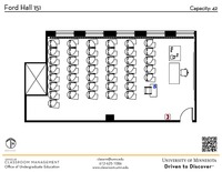 Plan view of the classroom that provides room capacity, seating locations and exits. A QR code links to room schedule and contact information is in the footer