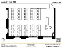 Plan view of the classroom that provides room capacity, seating locations and exits. A QR code links to room schedule and contact information is in the footer