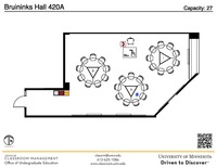 Plan view of the classroom that provides room capacity, seating locations and exits. A QR code links to room schedule and contact information is in the footer