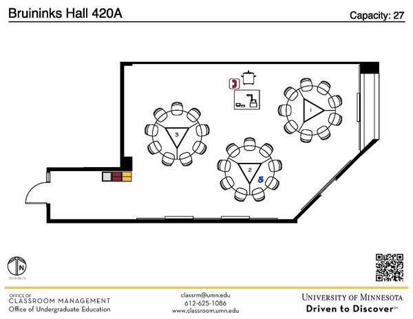 Plan view of the classroom that provides room capacity, seating locations and exits. A QR code links to room schedule and contact information is in the footer