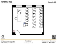 Plan view of the classroom that provides room capacity, seating locations and exits. A QR code links to room schedule and contact information is in the footer