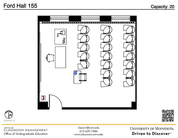 Plan view of the classroom that provides room capacity, seating locations and exits. A QR code links to room schedule and contact information is in the footer