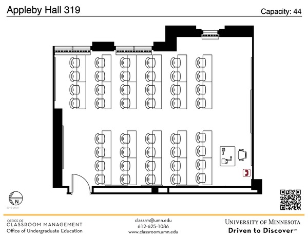 Plan view of the classroom that provides room capacity, seating locations and exits. A QR code links to room schedule and contact information is in the footer