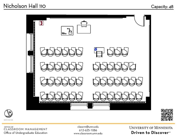 Plan view of the classroom that provides room capacity, seating locations and exits. A QR code links to room schedule and contact information is in the footer