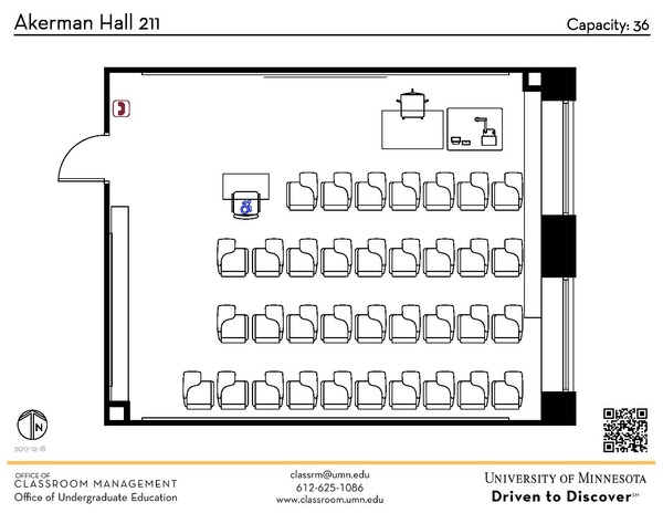 Plan view of the classroom that provides room capacity, seating locations and exits. A QR code links to room schedule and contact information is in the footer