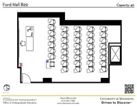 Plan view of the classroom that provides room capacity, seating locations and exits. A QR code links to room schedule and contact information is in the footer