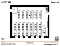 Plan view of the classroom that provides room capacity, seating locations and exits. A QR code links to room schedule and contact information is in the footer