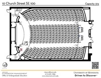 Plan view of the classroom that provides room capacity, seating locations and exits. A QR code links to room schedule and contact information is in the footer