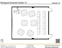 Plan view of the classroom that provides room capacity, seating locations and exits. A QR code links to room schedule and contact information is in the footer