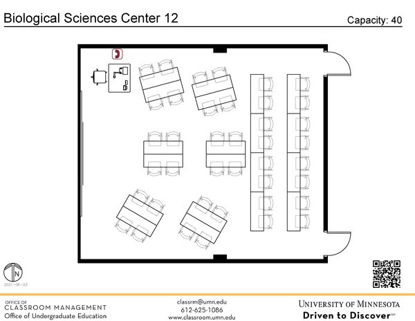 Plan view of the classroom that provides room capacity, seating locations and exits. A QR code links to room schedule and contact information is in the footer