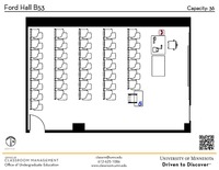 Plan view of the classroom that provides room capacity, seating locations and exits. A QR code links to room schedule and contact information is in the footer