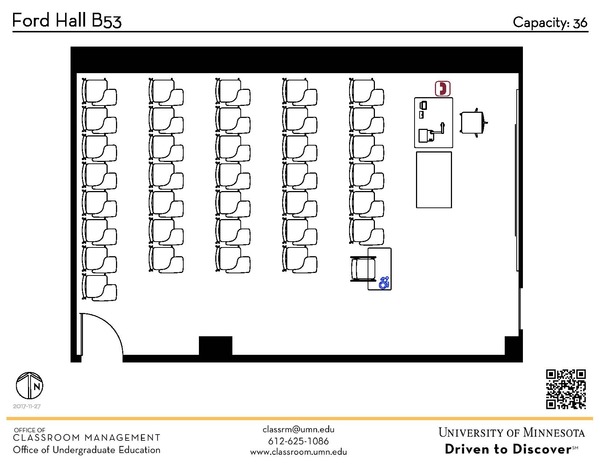 Plan view of the classroom that provides room capacity, seating locations and exits. A QR code links to room schedule and contact information is in the footer