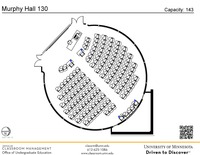 Plan view of the classroom that provides room capacity, seating locations and exits. A QR code links to room schedule and contact information is in the footer