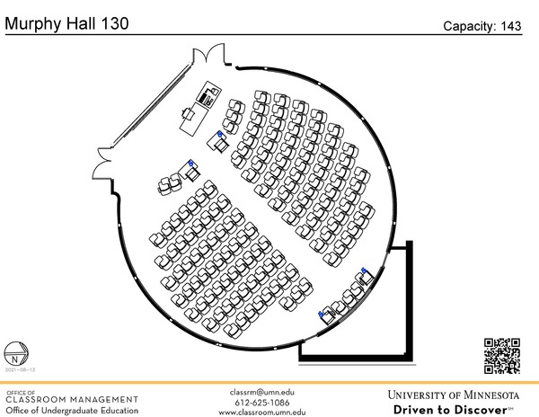 Plan view of the classroom that provides room capacity, seating locations and exits. A QR code links to room schedule and contact information is in the footer