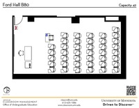 Plan view of the classroom that provides room capacity, seating locations and exits. A QR code links to room schedule and contact information is in the footer