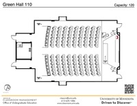 Plan view of the classroom that provides room capacity, seating locations and exits. A QR code links to room schedule and contact information is in the footer