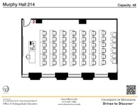 Plan view of the classroom that provides room capacity, seating locations and exits. A QR code links to room schedule and contact information is in the footer