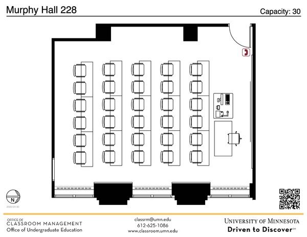 Plan view of the classroom that provides room capacity, seating locations and exits. A QR code links to room schedule and contact information is in the footer