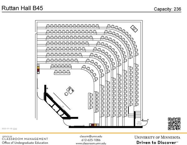 Plan view of the classroom that provides room capacity, seating locations and exits. A QR code links to room schedule and contact information is in the footer