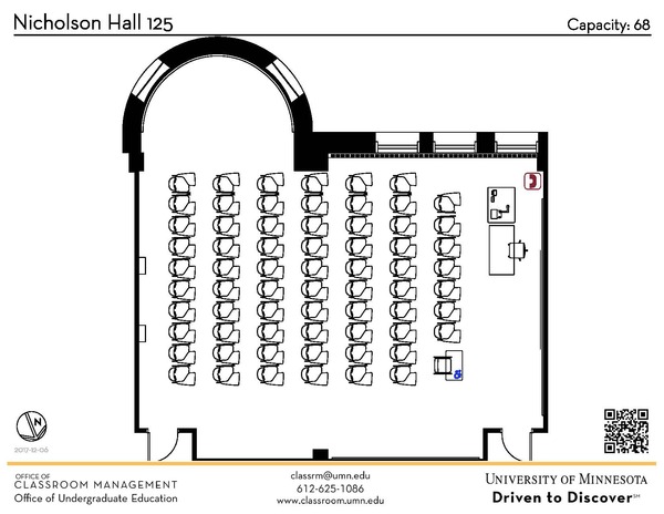 Plan view of the classroom that provides room capacity, seating locations and exits. A QR code links to room schedule and contact information is in the footer