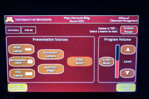 Touchscreen control user interface showing main page