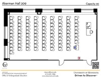 Plan view of the classroom that provides room capacity, seating locations and exits. A QR code links to room schedule and contact information is in the footer