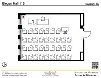 Plan view of the classroom that provides room capacity, seating locations and exits. A QR code links to room schedule and contact information is in the footer