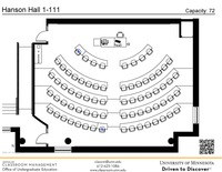 Plan view of the classroom that provides room capacity, seating locations and exits. A QR code links to room schedule and contact information is in the footer