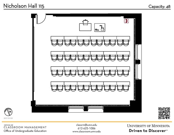 Plan view of the classroom that provides room capacity, seating locations and exits. A QR code links to room schedule and contact information is in the footer