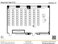 Plan view of the classroom that provides room capacity, seating locations and exits. A QR code links to room schedule and contact information is in the footer