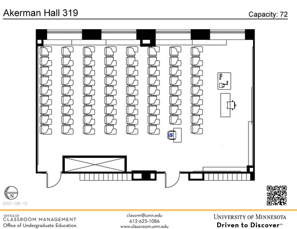 Plan view of the classroom that provides room capacity, seating locations and exits. A QR code links to room schedule and contact information is in the footer