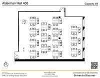 Plan view of the classroom that provides room capacity, seating locations and exits. A QR code links to room schedule and contact information is in the footer