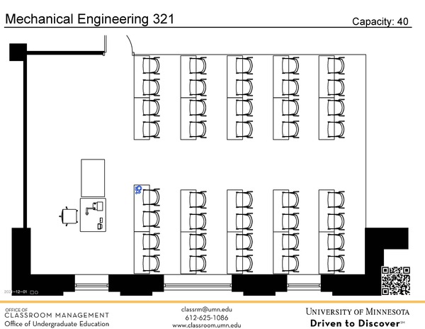 Plan view of the classroom that provides room capacity, seating locations and exits. A QR code links to room schedule and contact information is in the footer