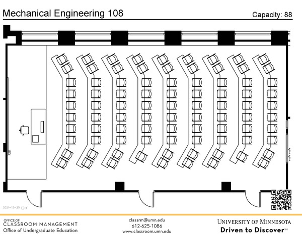 Plan view of the classroom that provides room capacity, seating locations and exits. A QR code links to room schedule and contact information is in the footer