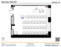 Plan view of the classroom that provides room capacity, seating locations and exits. A QR code links to room schedule and contact information is in the footer