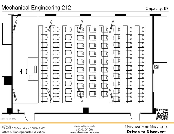 Plan view of the classroom that provides room capacity, seating locations and exits. A QR code links to room schedule and contact information is in the footer