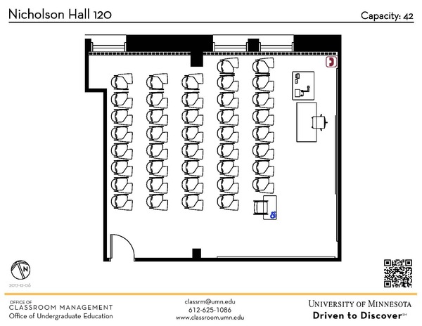 Plan view of the classroom that provides room capacity, seating locations and exits. A QR code links to room schedule and contact information is in the footer