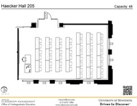 Plan view of the classroom that provides room capacity, seating locations and exits. A QR code links to room schedule and contact information is in the footer