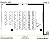 Plan view of the classroom that provides room capacity, seating locations and exits. A QR code links to room schedule and contact information is in the footer