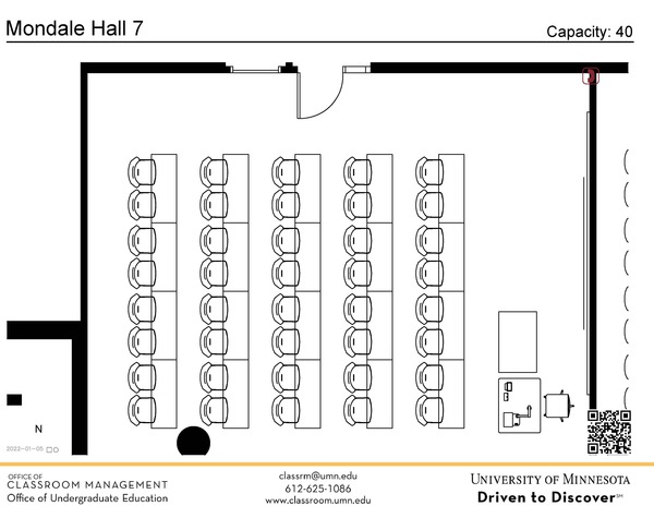 Plan view of the classroom that provides room capacity, seating locations and exits. A QR code links to room schedule and contact information is in the footer