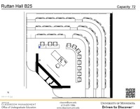 Plan view of the classroom that provides room capacity, seating locations and exits. A QR code links to room schedule and contact information is in the footer