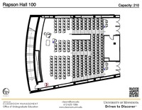 Plan view of the classroom that provides room capacity, seating locations and exits. A QR code links to room schedule and contact information is in the footer