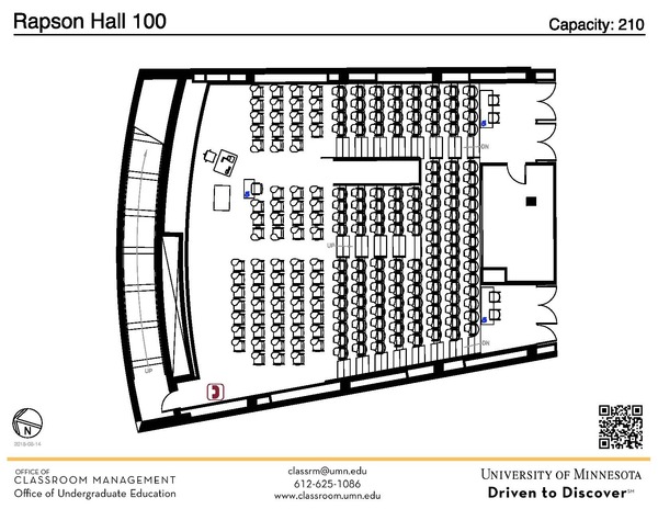 Plan view of the classroom that provides room capacity, seating locations and exits. A QR code links to room schedule and contact information is in the footer